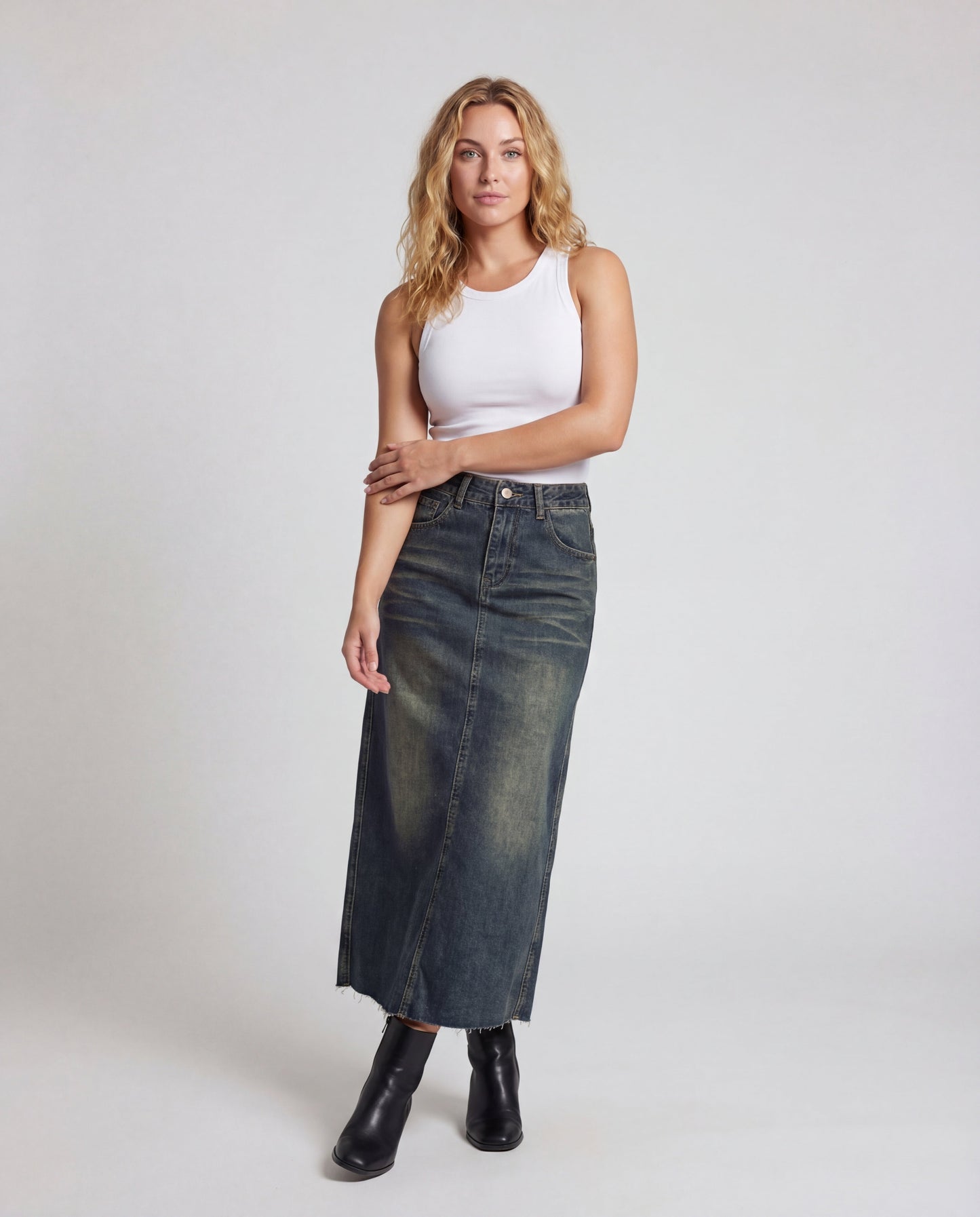 Damen Maxirock Hochtaillierte Jeans Waschung Schwarz - Eveloria