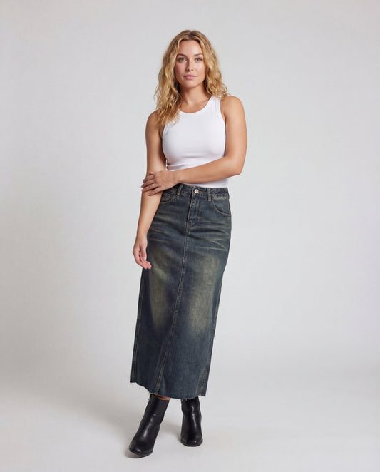 Damen Maxirock Hochtaillierte Jeans Waschung Schwarz - Eveloria
