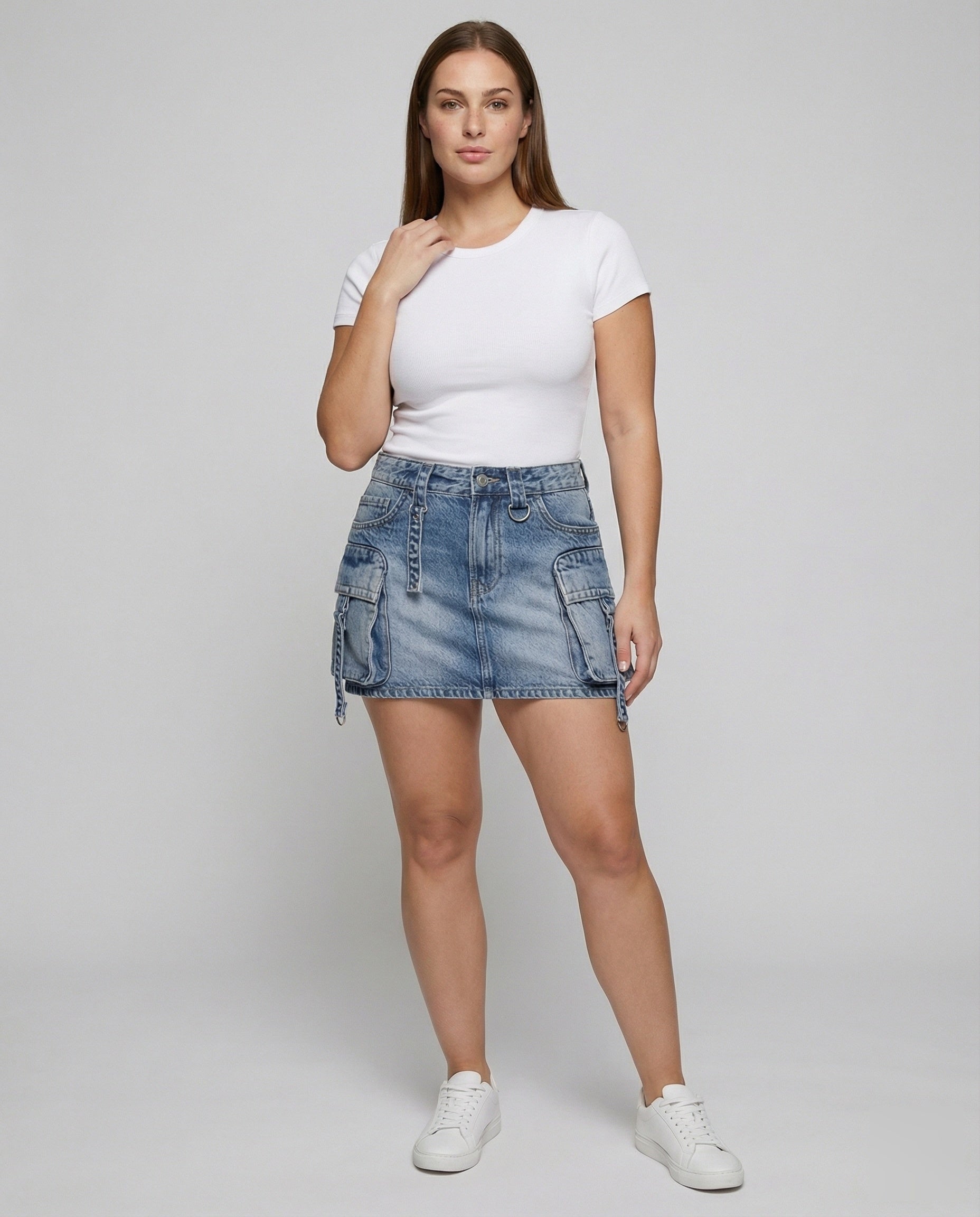 Damen Kurzrock Utility Jeans Cargo Taschen - Eveloria