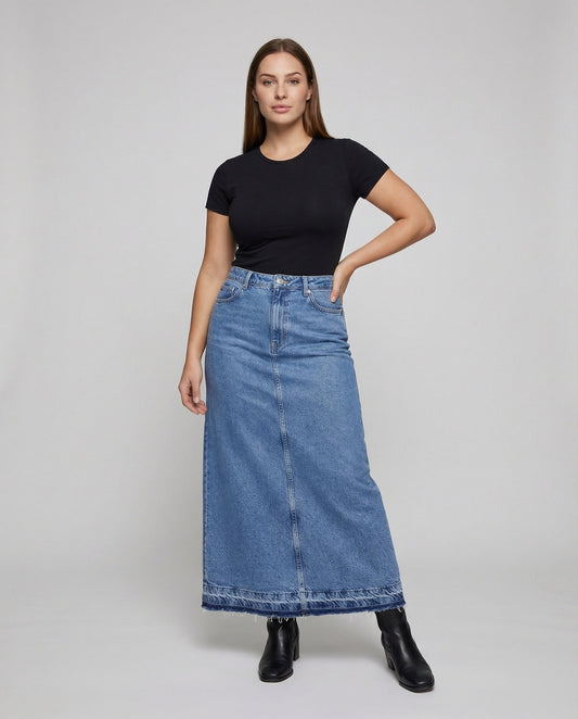 Damen Jeansrock Lang Mittig Beinschlitz - Eveloria