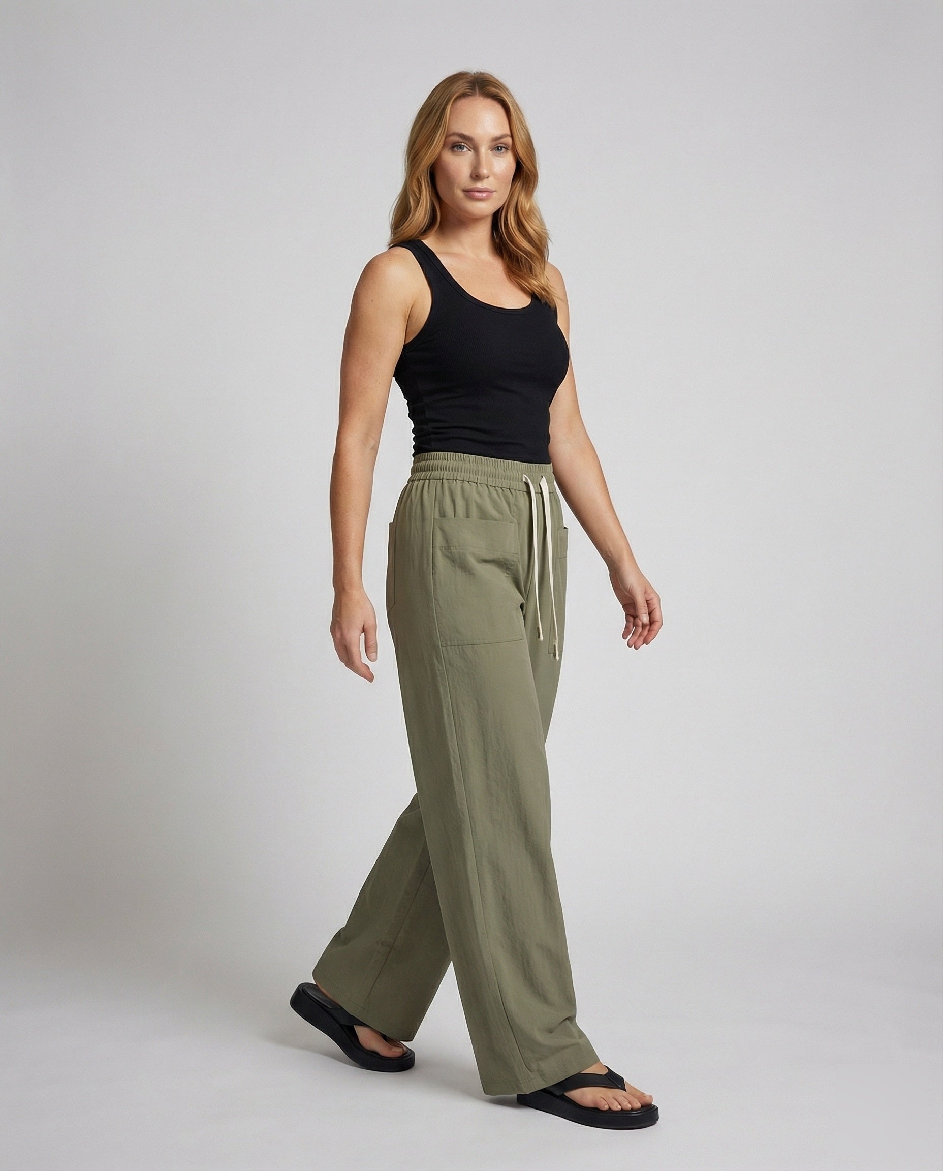 Damen Leichtstoffhose Weites Bein Hochtailliert Beige - Eveloria