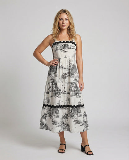 Damen Maxikleid Ländliches Motiv Zierborte - Eveloria