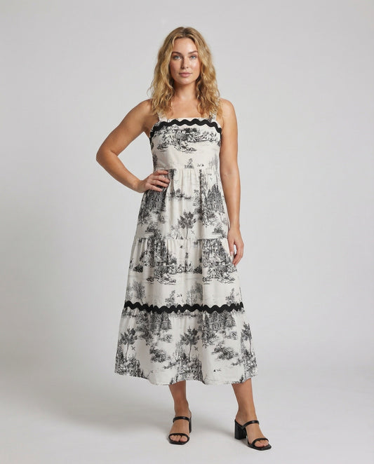 Damen Maxikleid Ländliches Motiv Zierborte - Eveloria
