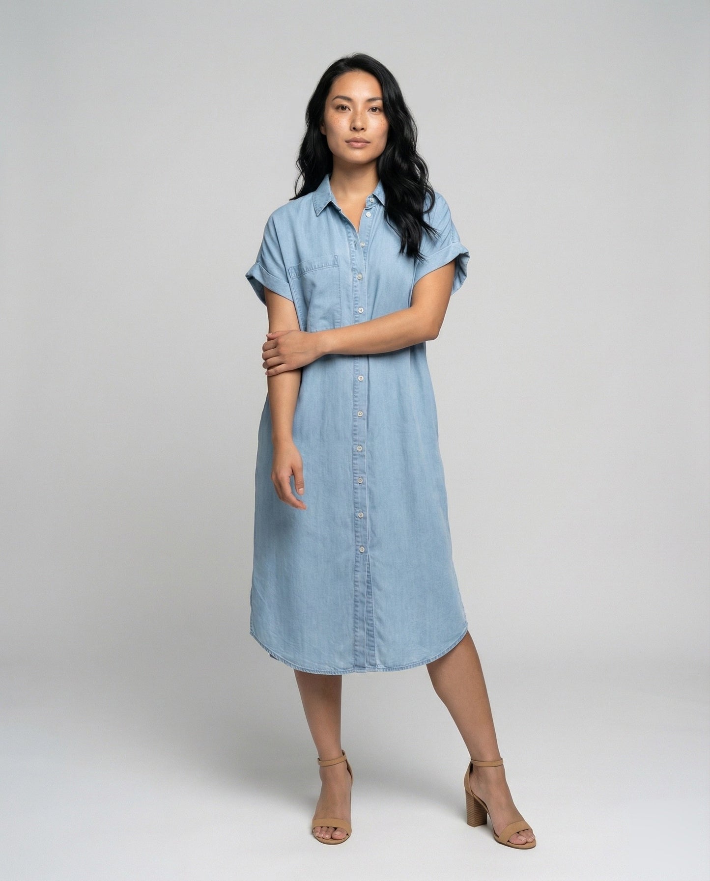 Damen Midikleid Chambray Bluse-Style Blau - Eveloria