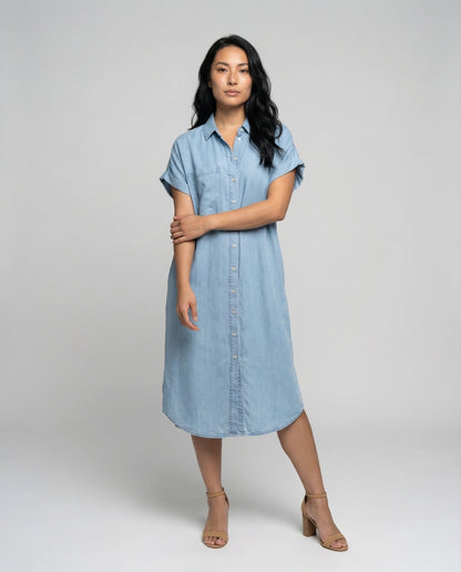 Damen Midikleid Chambray Bluse-Style Blau - Eveloria