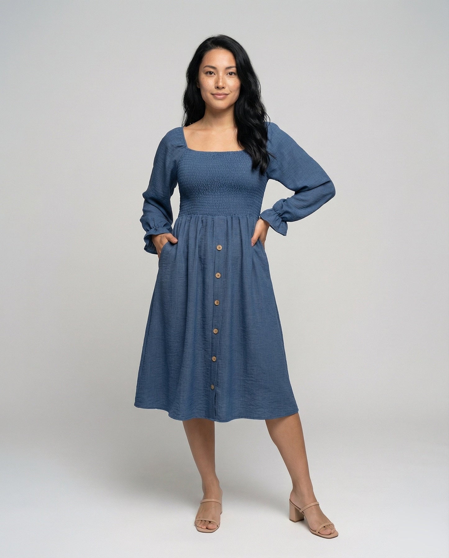 Damen Midikleid Smokoberteil Ballonärmel - Eveloria