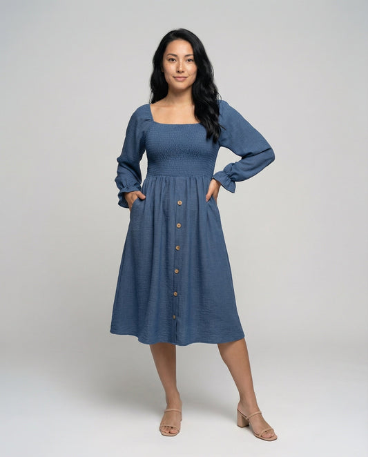 Damen Midikleid Smokoberteil Ballonärmel - Eveloria