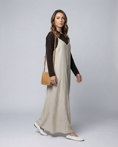 Damen Leinenkleid Fließendes Slipkleid Beige - Eveloria