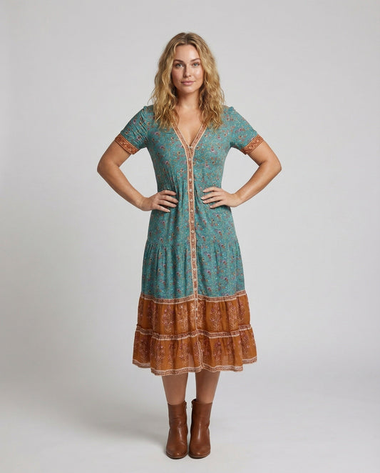 Damen Midikleid Boho-Stil Gestuft Knopfleiste - Eveloria