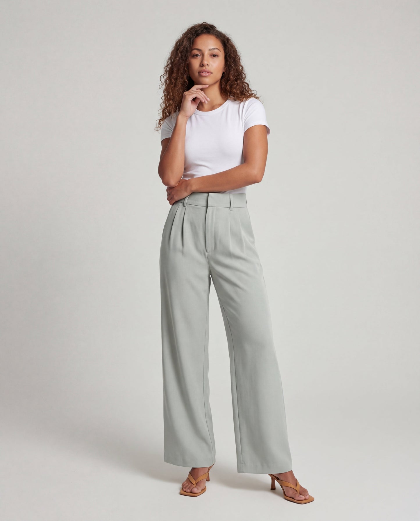 Damen Weite Stoffhose Mit Frontfalten Hochgeschnitten Beige - Eveloria