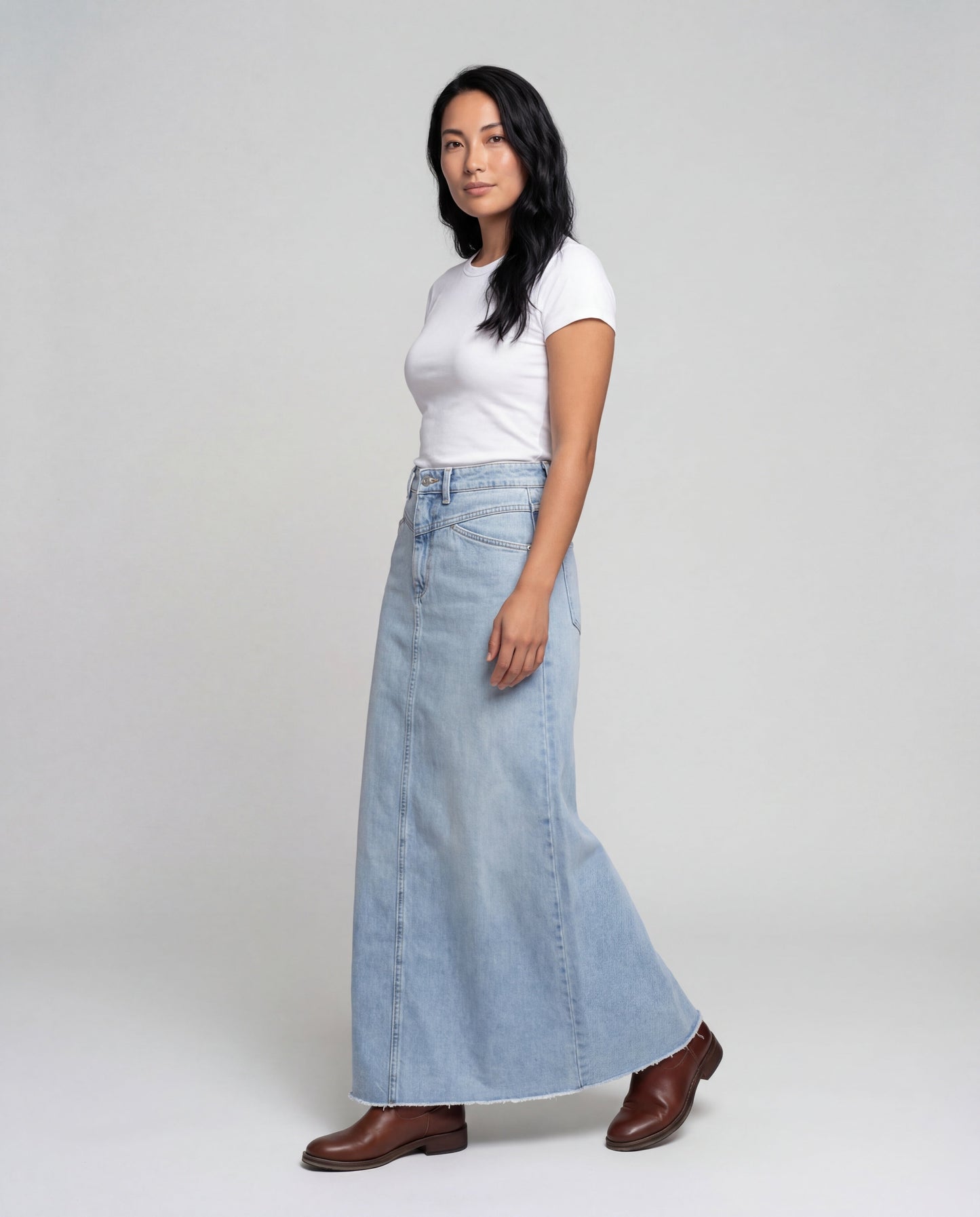 Damen Maxi Denimrock Hochgeschnitten Knopfleiste Blau - Eveloria