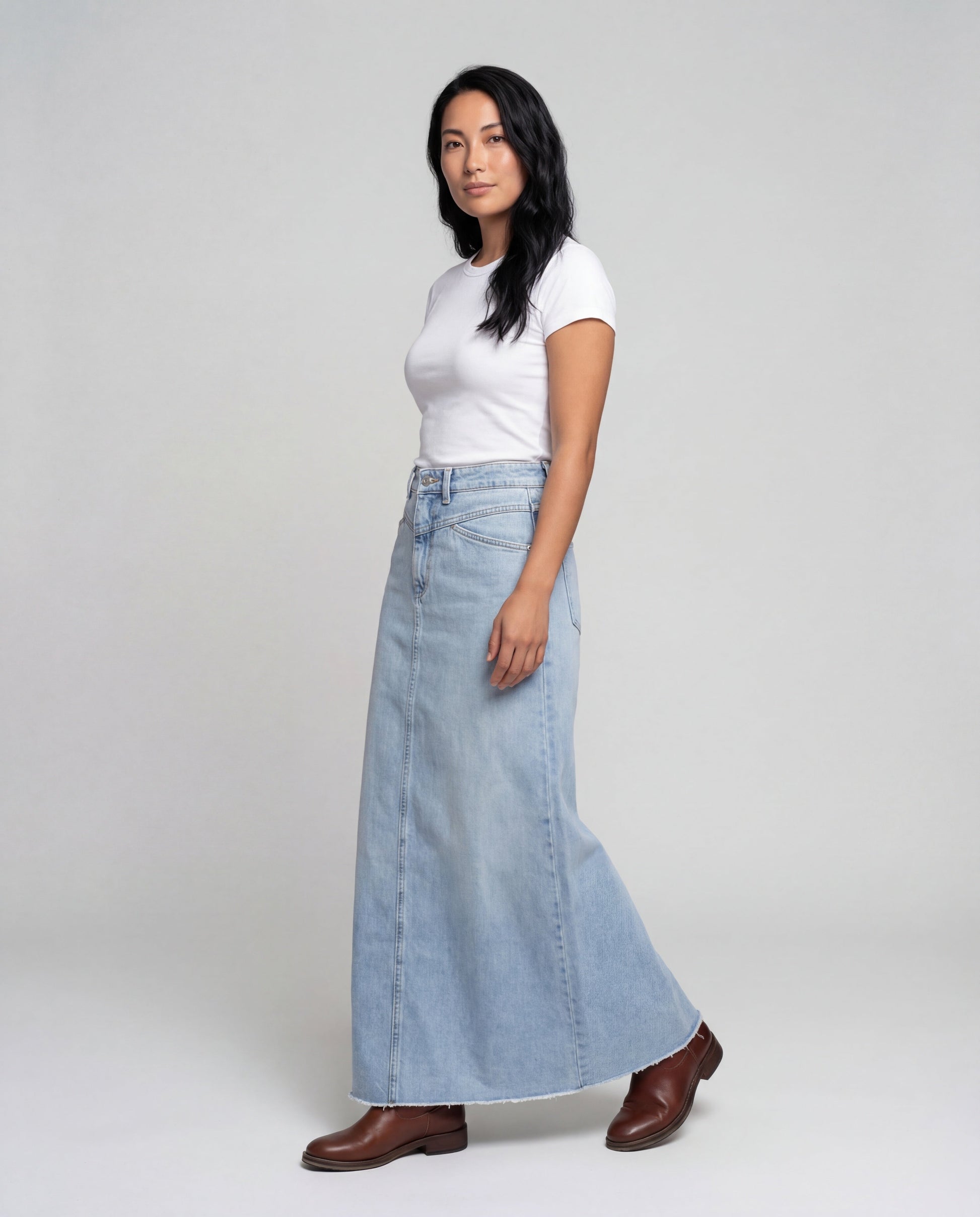 Damen Maxi Denimrock Hochgeschnitten Knopfleiste Blau - Eveloria