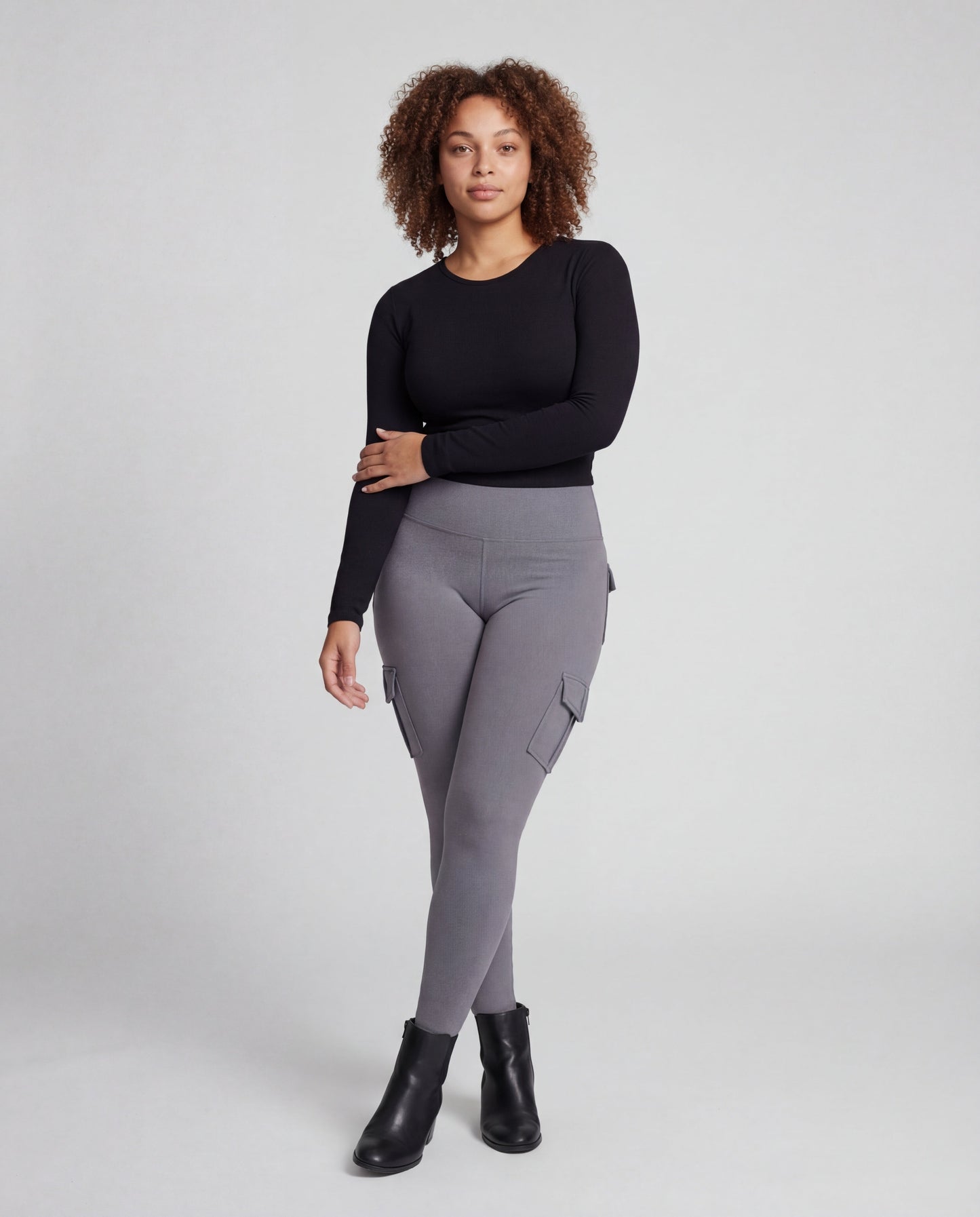 Damen Hochtaillierte Leggings Cargotaschen Schwarz - Eveloria
