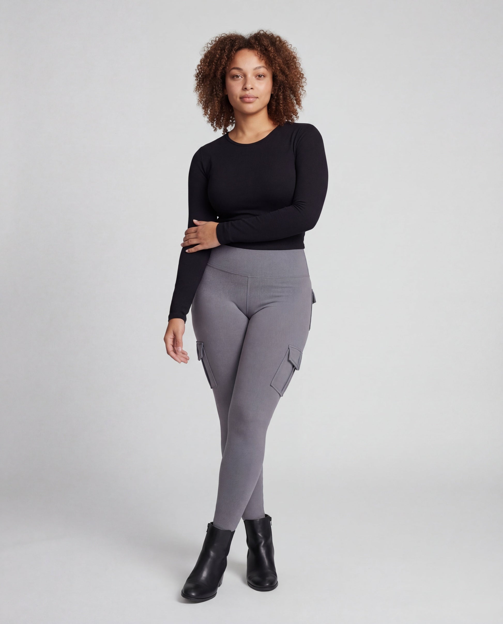 Damen Hochtaillierte Leggings Cargotaschen Schwarz - Eveloria