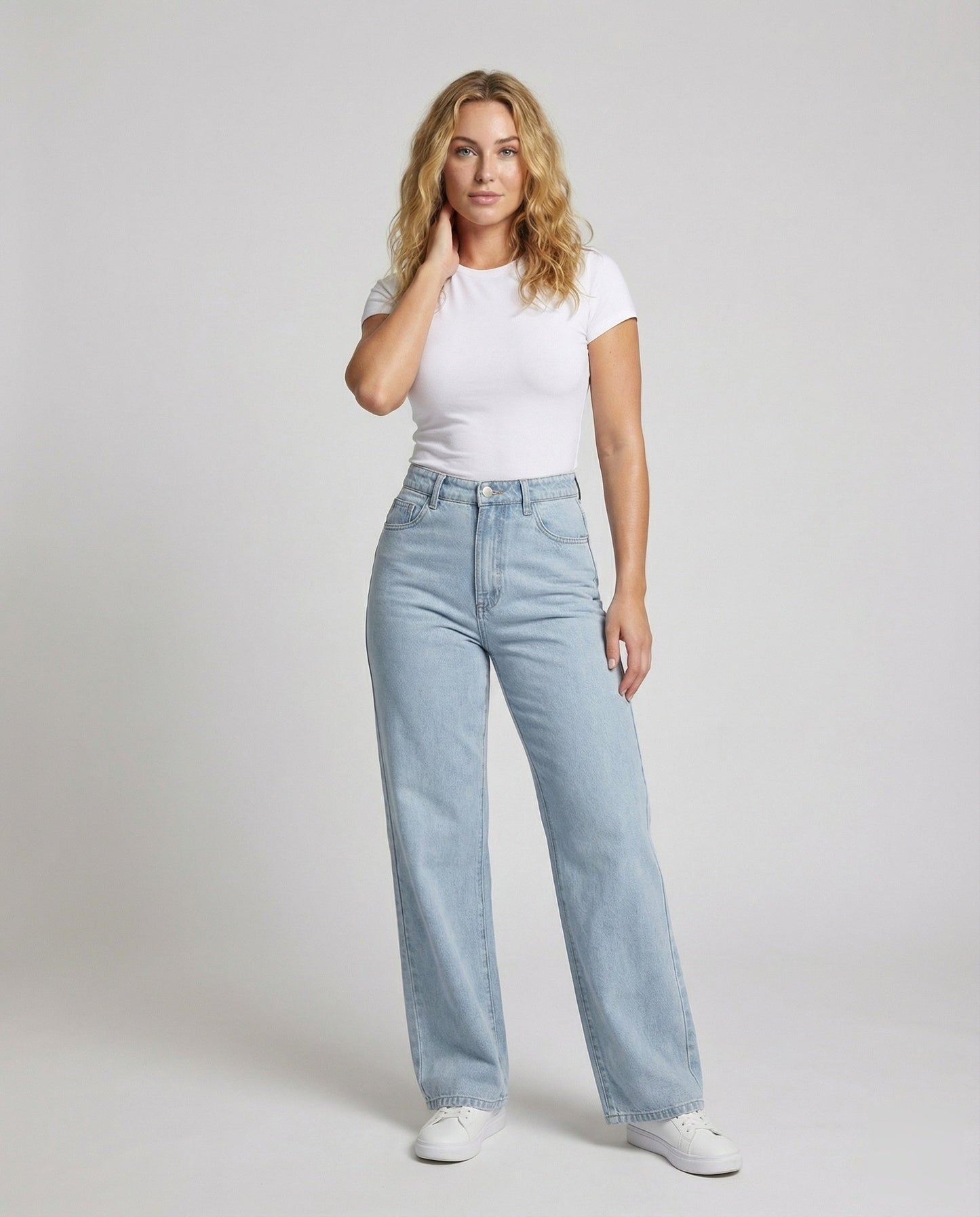 Damen Weite Jeans Hochtailliert Mit Taschen Dunkelblau - Eveloria