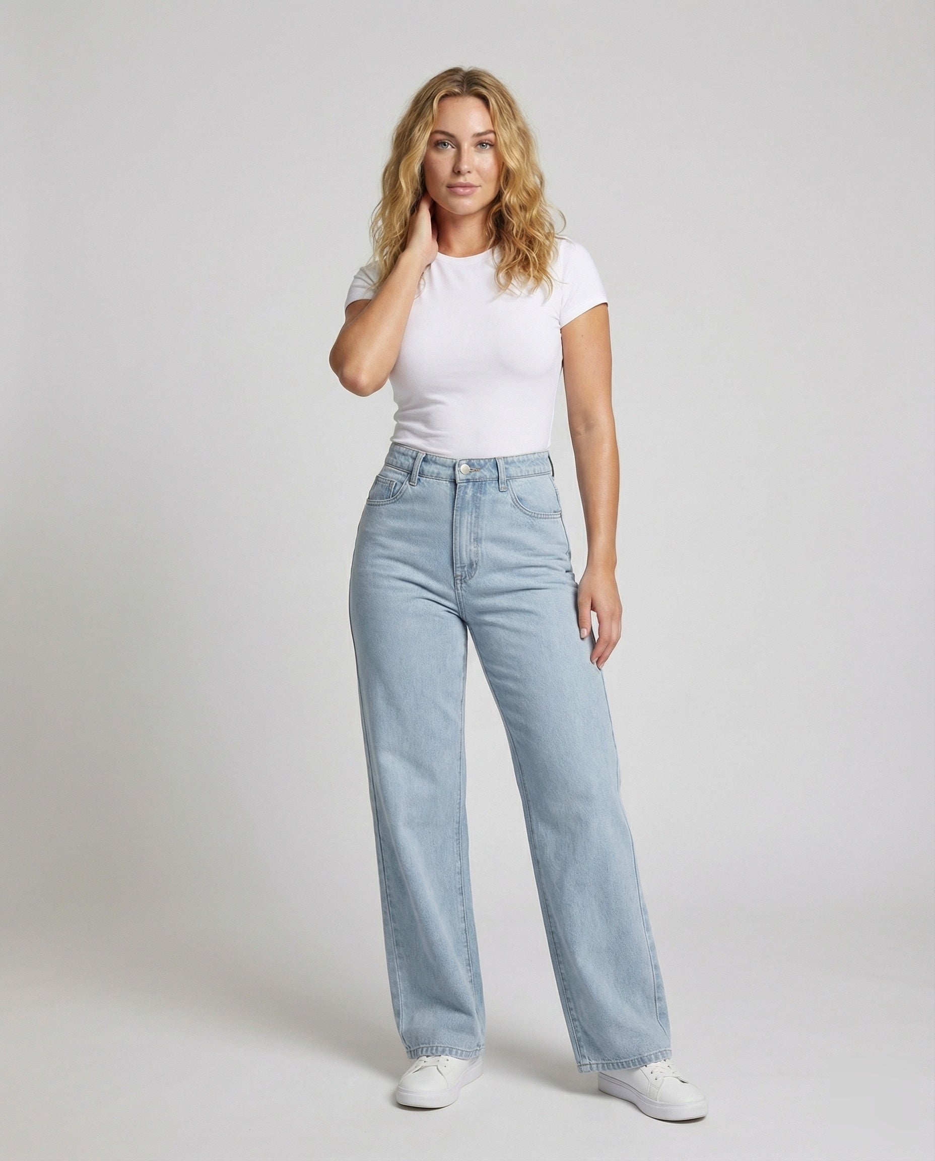 Damen Weite Jeans Hochtailliert Mit Taschen Dunkelblau - Eveloria