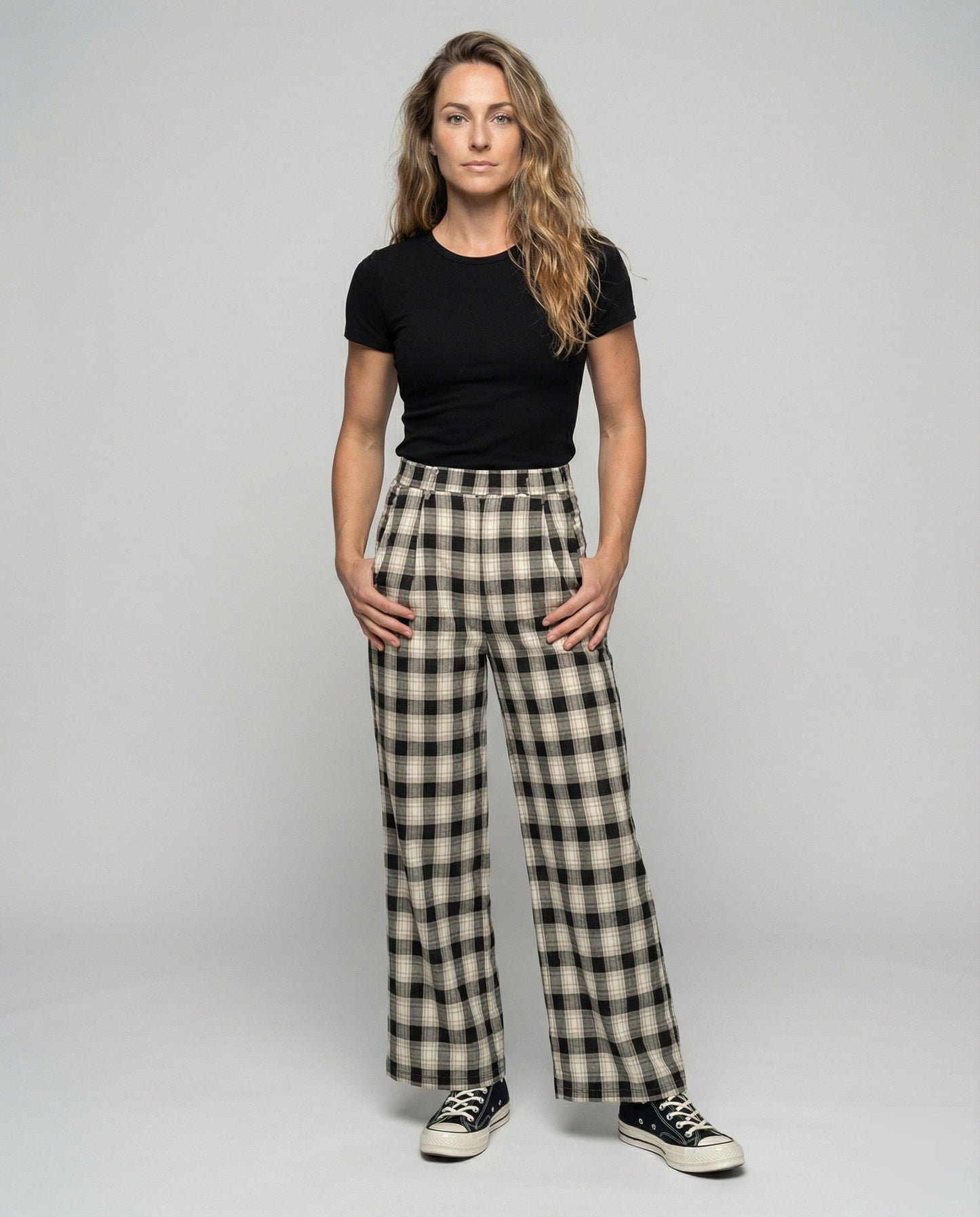 Damen Karohose Minimal-Check Elastikbund Schwarz - Eveloria
