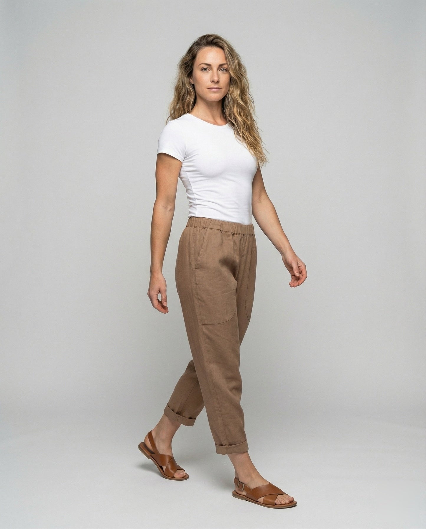 Damen Leinenhose Lässig Umschlagbarer Saum Beige - Eveloria