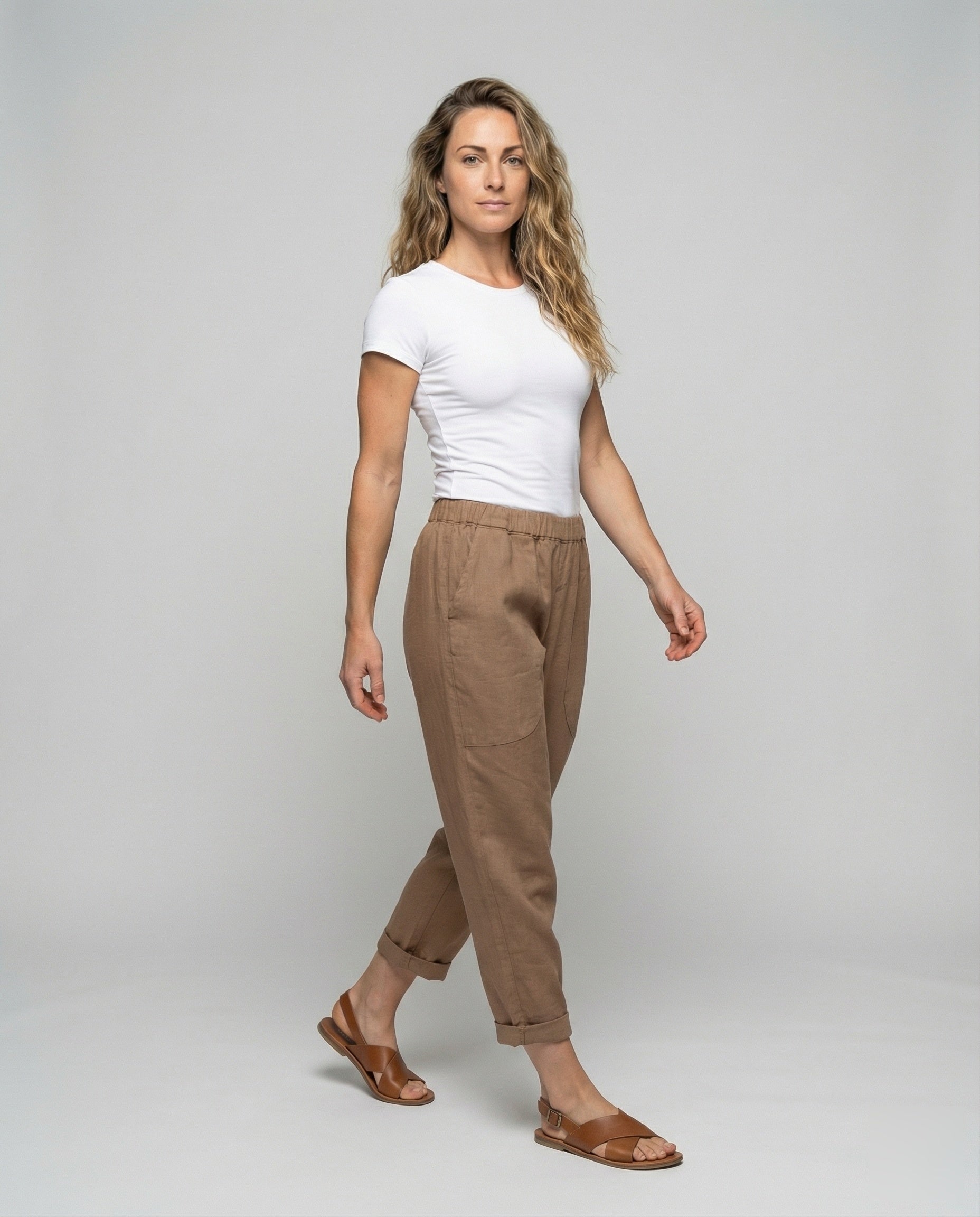 Damen Leinenhose Lässig Umschlagbarer Saum Beige - Eveloria