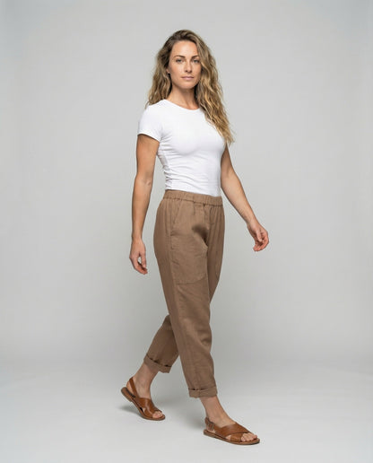 Damen Leinenhose Lässig Umschlagbarer Saum Beige - Eveloria