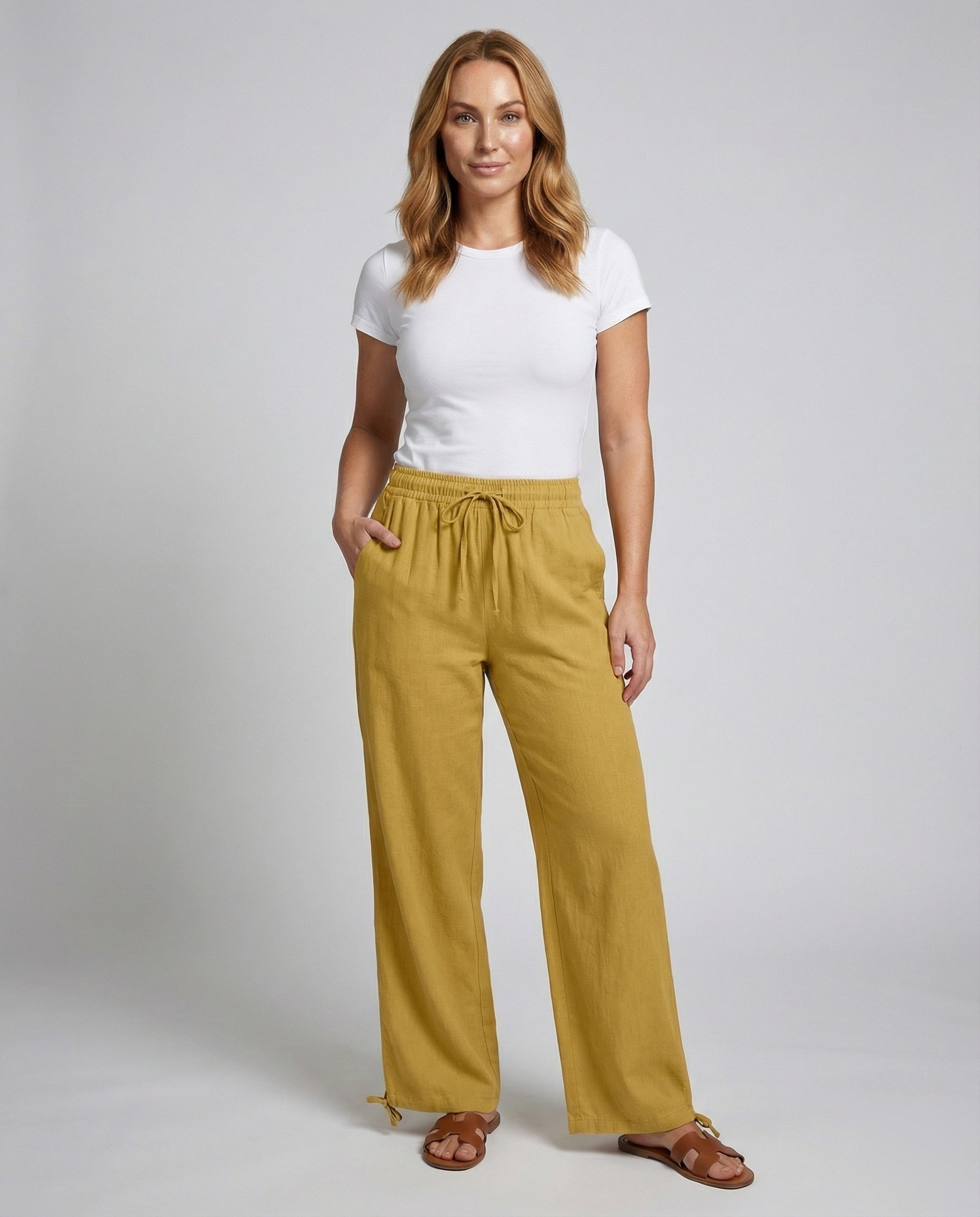 Damen Palazzo-Strandhose Leinenoptik Beige - Eveloria