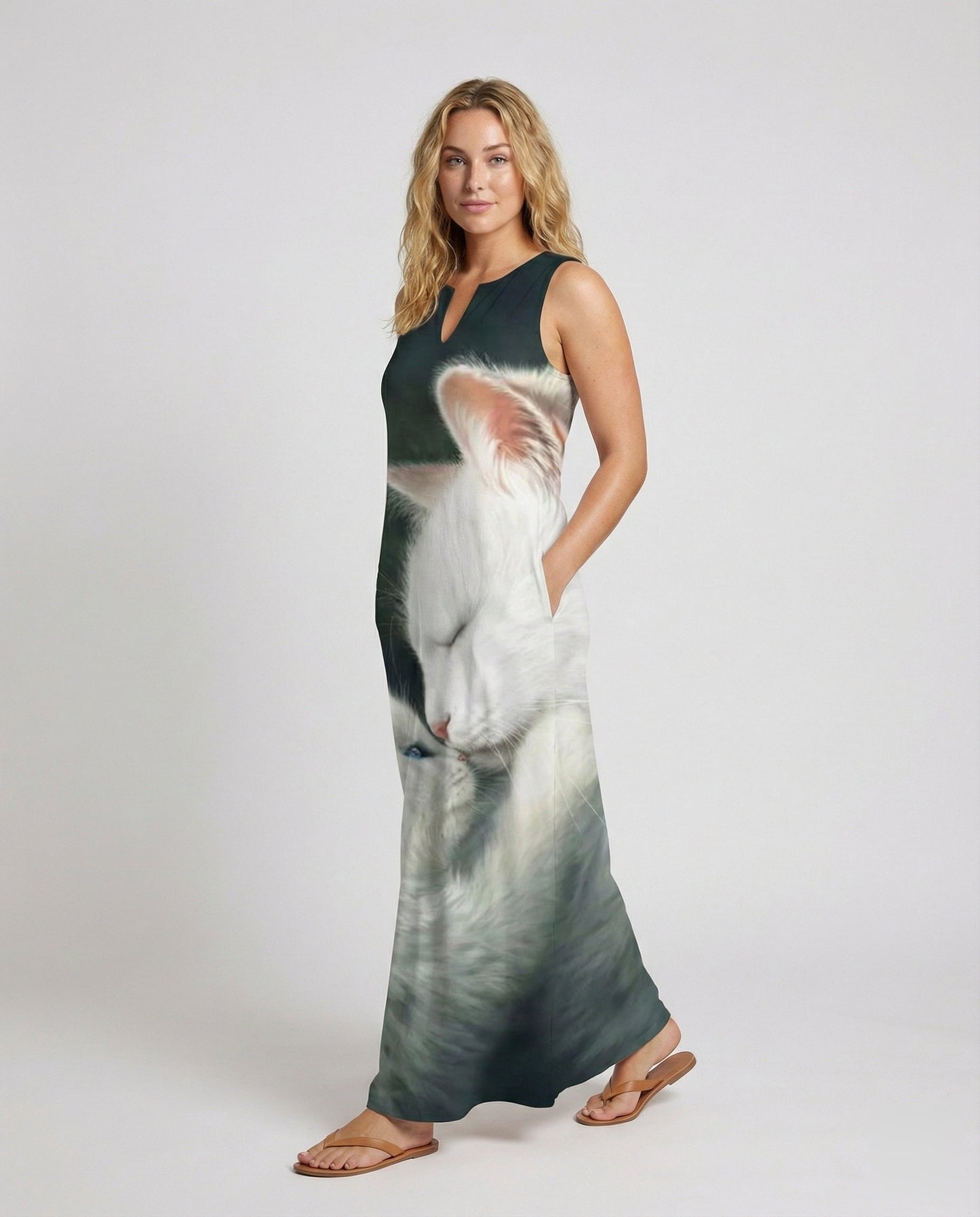 Damen Maxikleid Katzenmotiv Großflächig - Eveloria