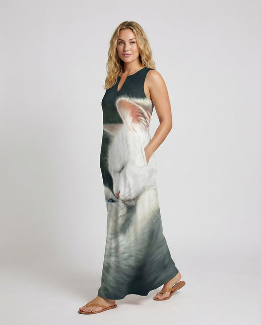 Damen Maxikleid Katzenmotiv Großflächig - Eveloria