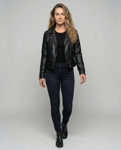 Damen Asymmetrische Lederjacke Bikerstyle Schwarz - Eveloria