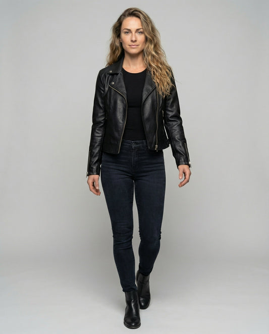 Damen Asymmetrische Lederjacke Bikerstyle Schwarz - Eveloria