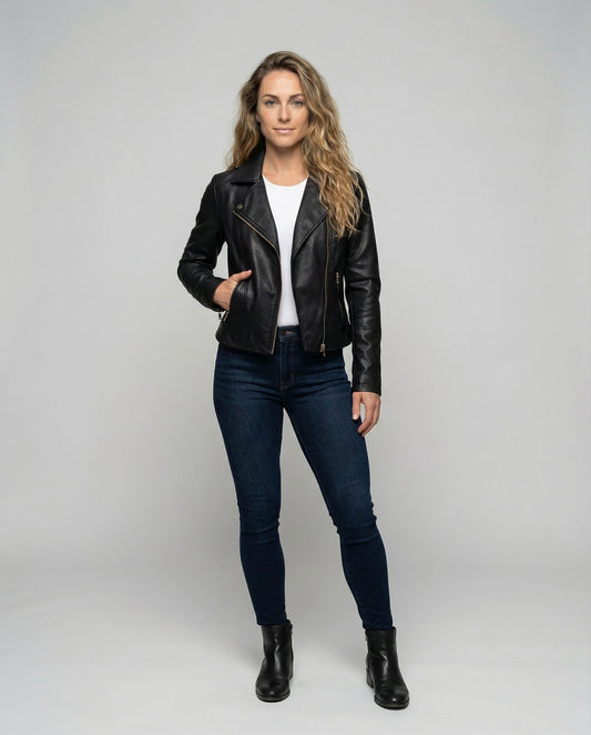 Damen Kunstleder Bikerjacke Reißverschluss Ärmel Schwarz - Eveloria
