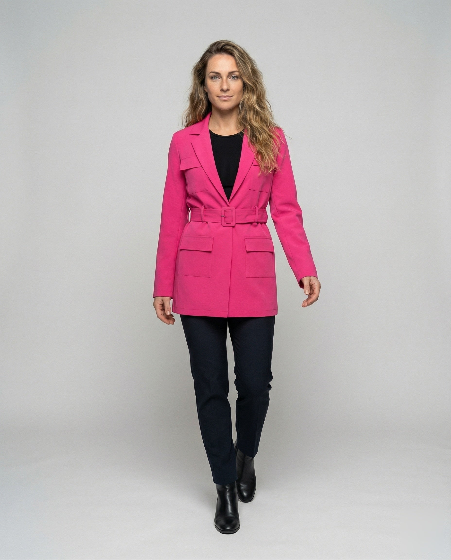 Damen Blazer-Mantel Quadratgürtel Wollblazer Schwarz - Eveloria
