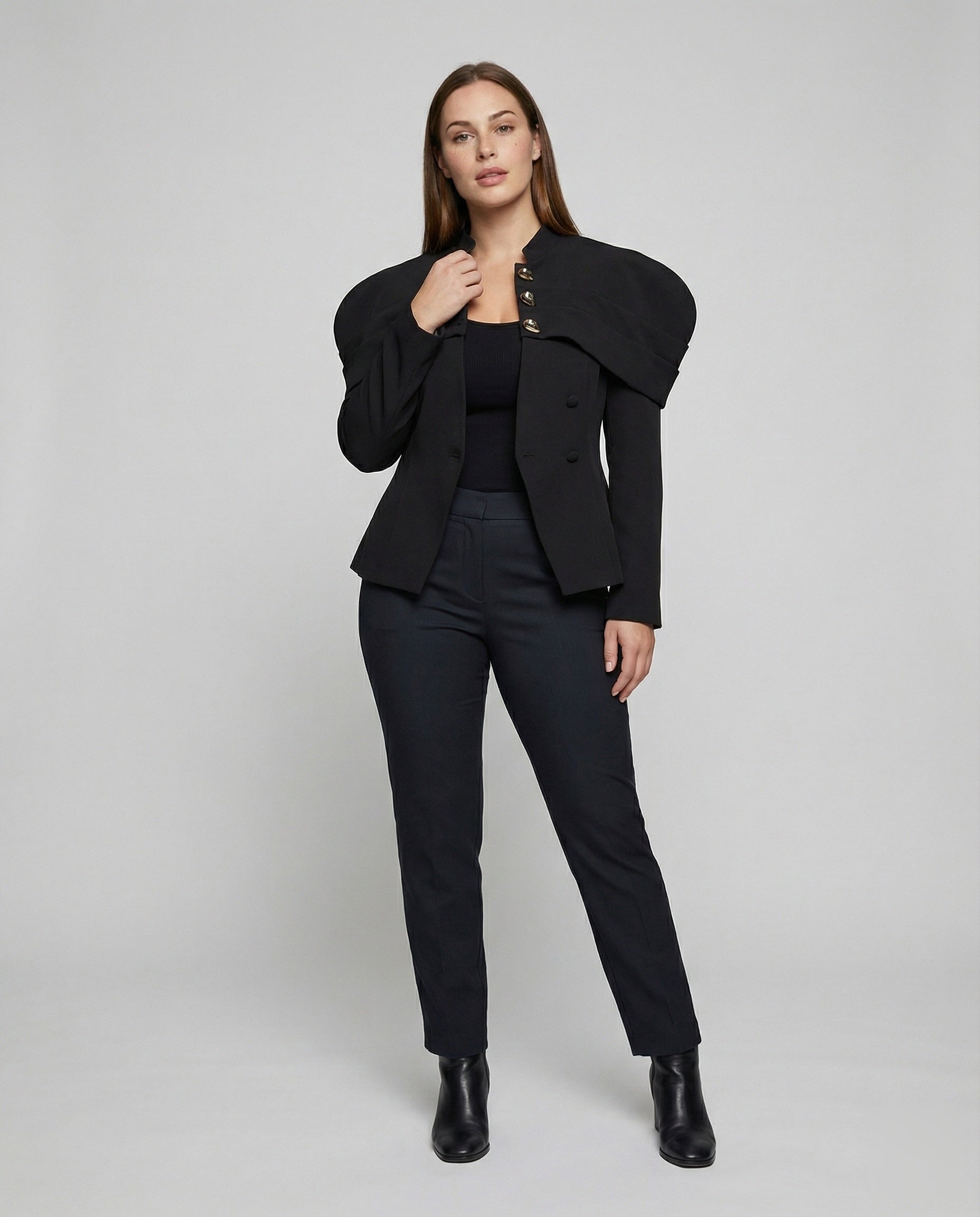 Damen Designer Blazer Schultercape Woll Schwarz - Eveloria