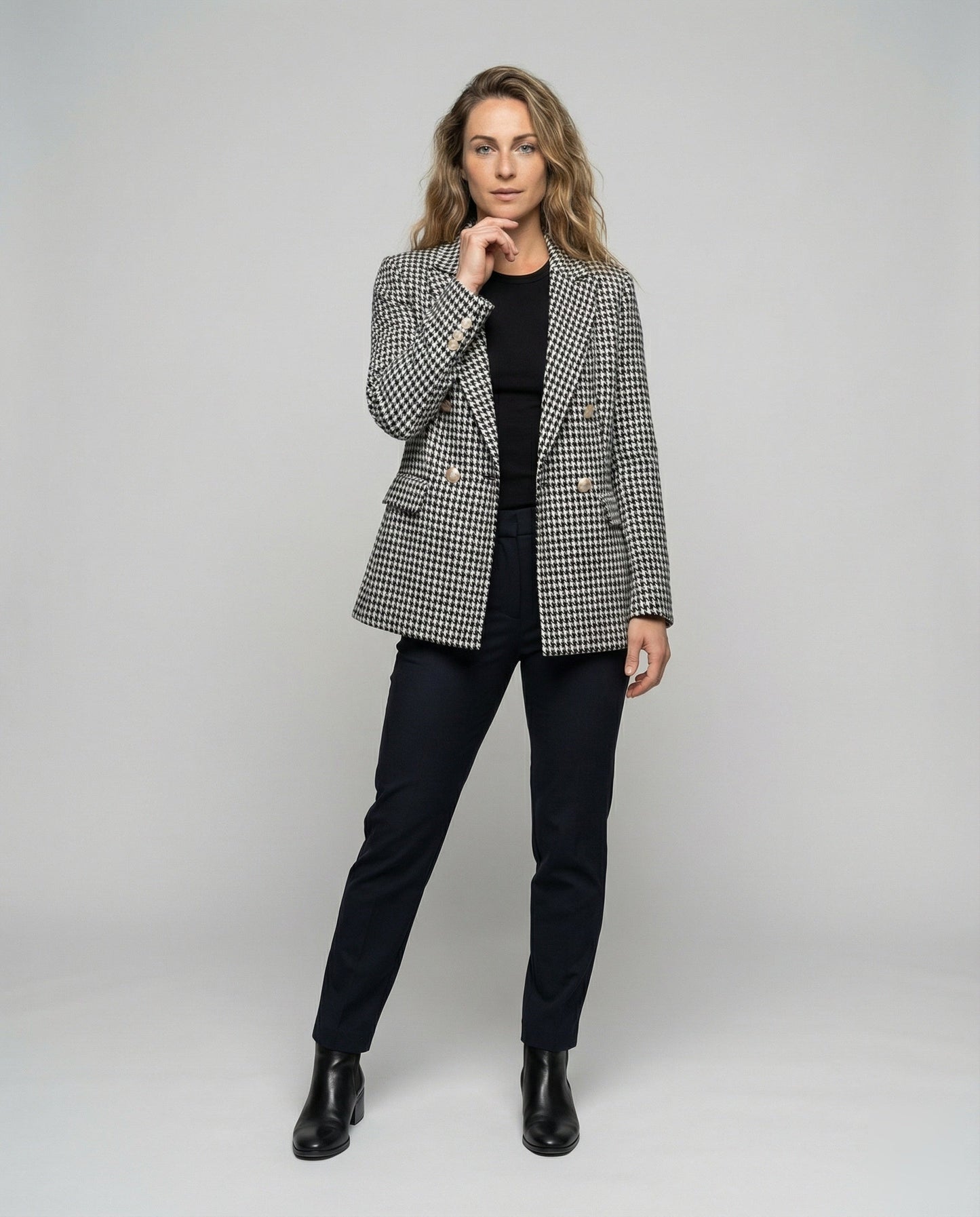 Damen Blazer Doppelreiher Hahnentritt-Optik Schwarz - Eveloria