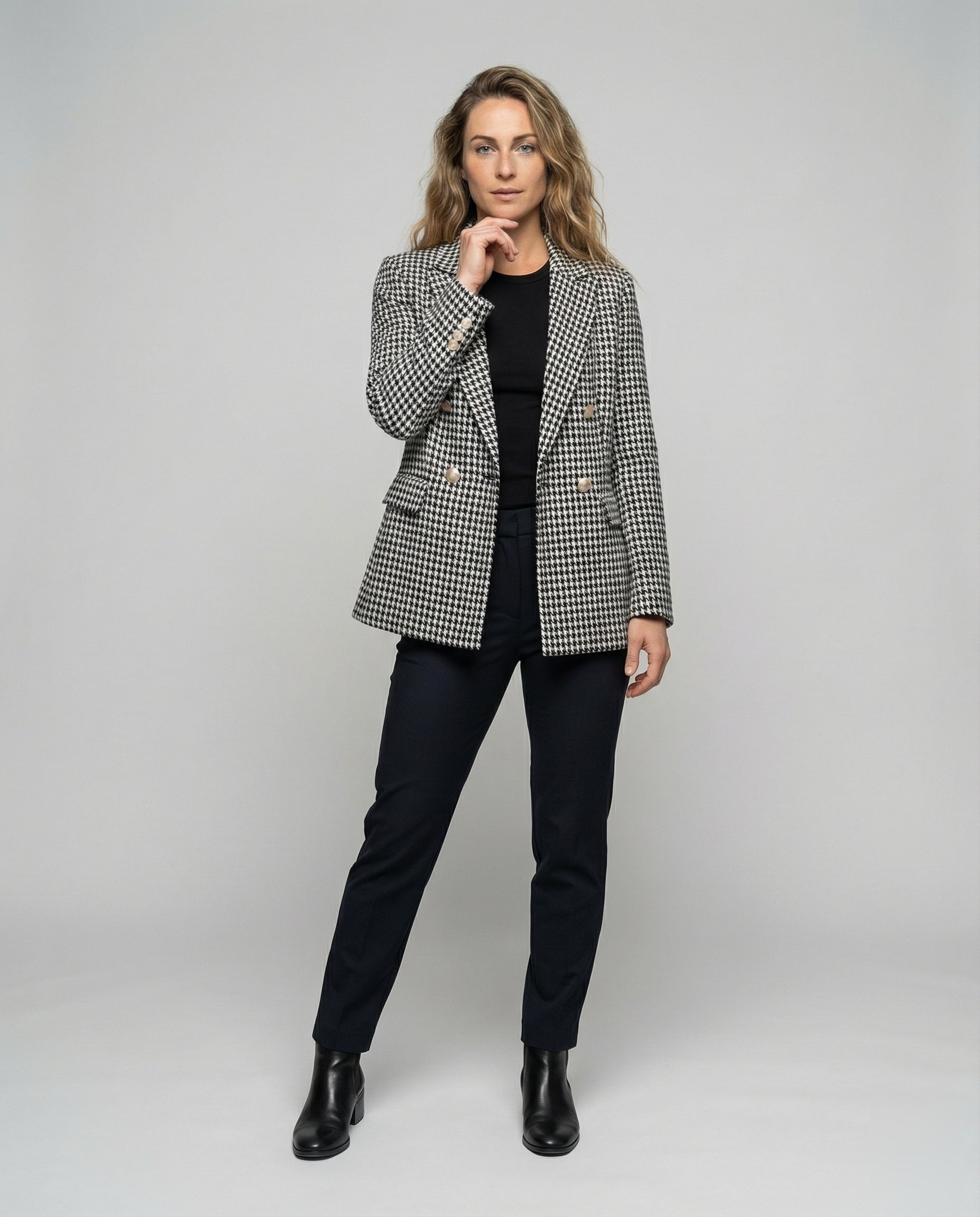 Damen Blazer Doppelreiher Hahnentritt-Optik Schwarz - Eveloria