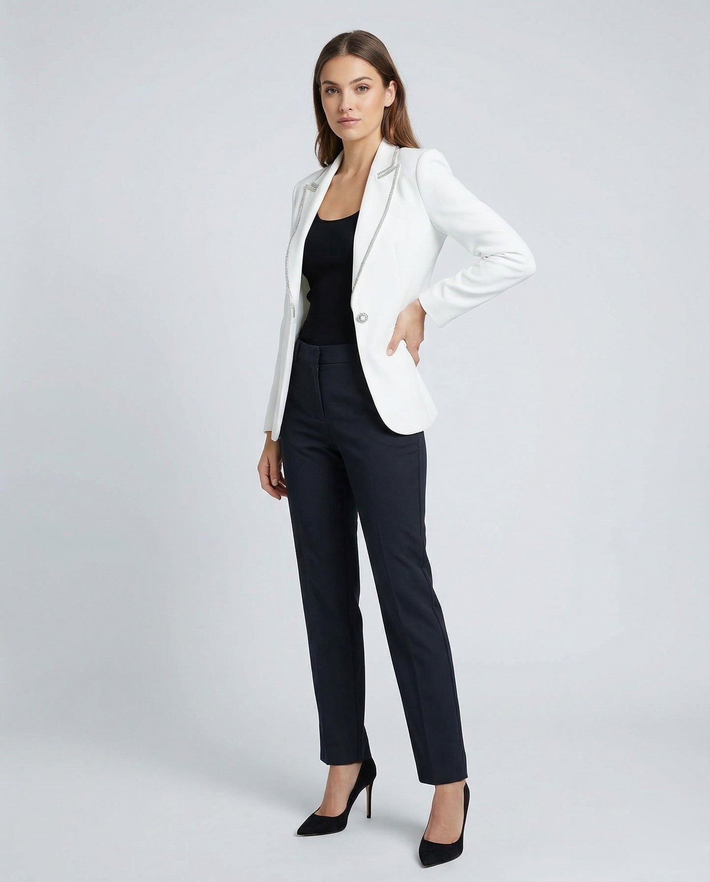 Damen Satinblazer Strassbesatz Glitzernd Schwarz - Eveloria