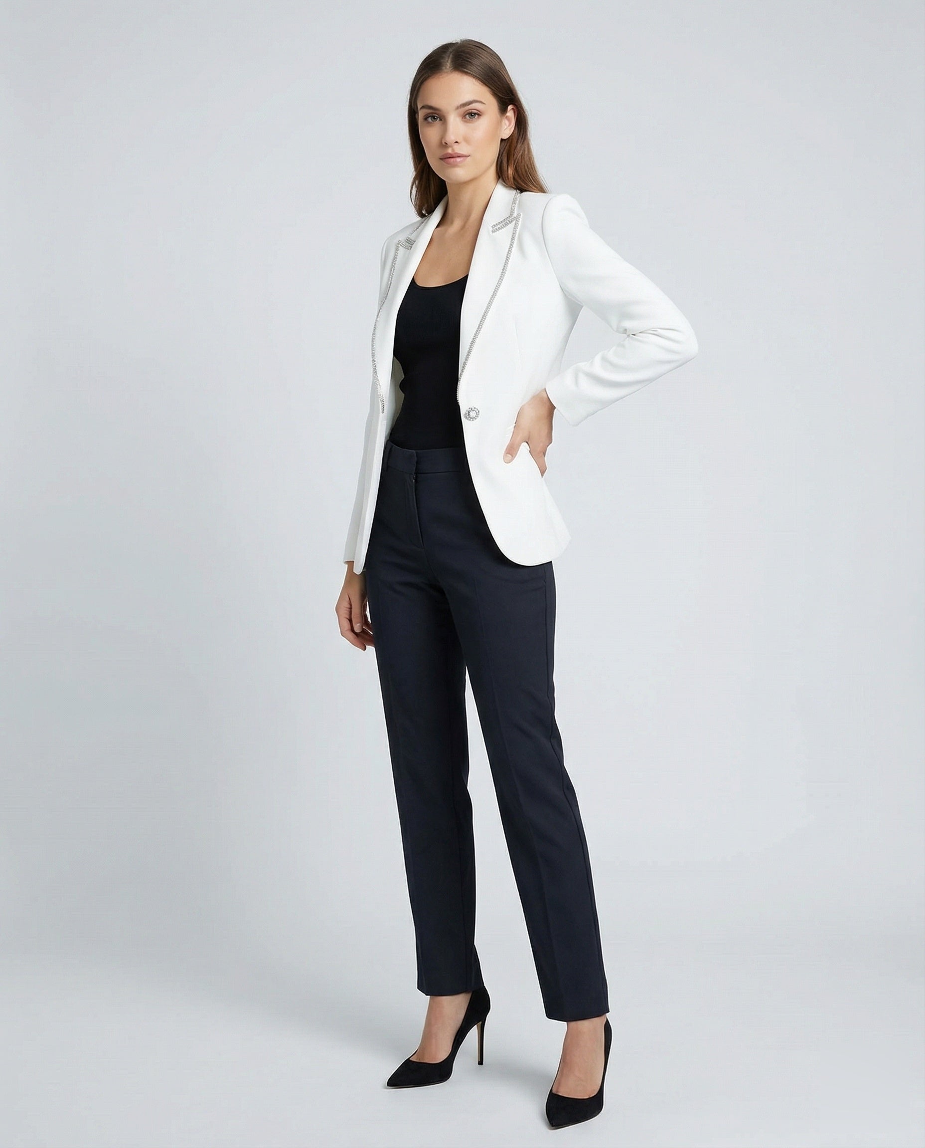 Damen Satinblazer Strassbesatz Glitzernd Schwarz - Eveloria
