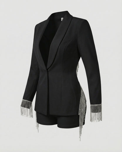 Damen Blazer Shorts Set Strass Fransen Party