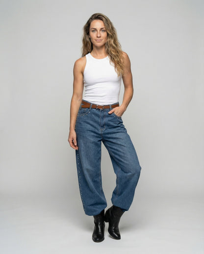 Damen Denim-Jeans Nietenbesatz Taffe Blau - Eveloria