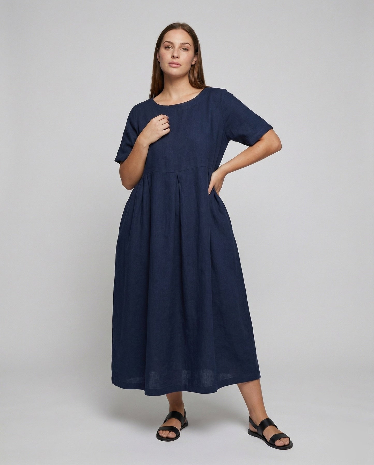 Damen Leinen Maxikleid Vordere Falte Fließend Beige - Eveloria