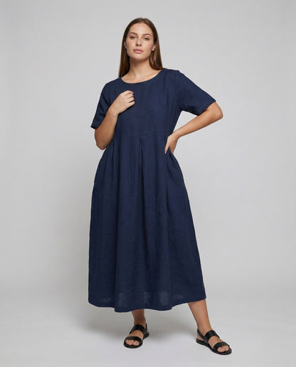 Damen Leinen Maxikleid Vordere Falte Fließend Beige - Eveloria