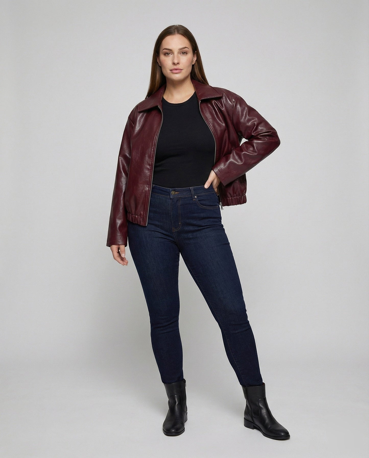 Damen Kunstleder Kurzjacke Zwei-Wege-Reißverschluss Schwarz - Eveloria