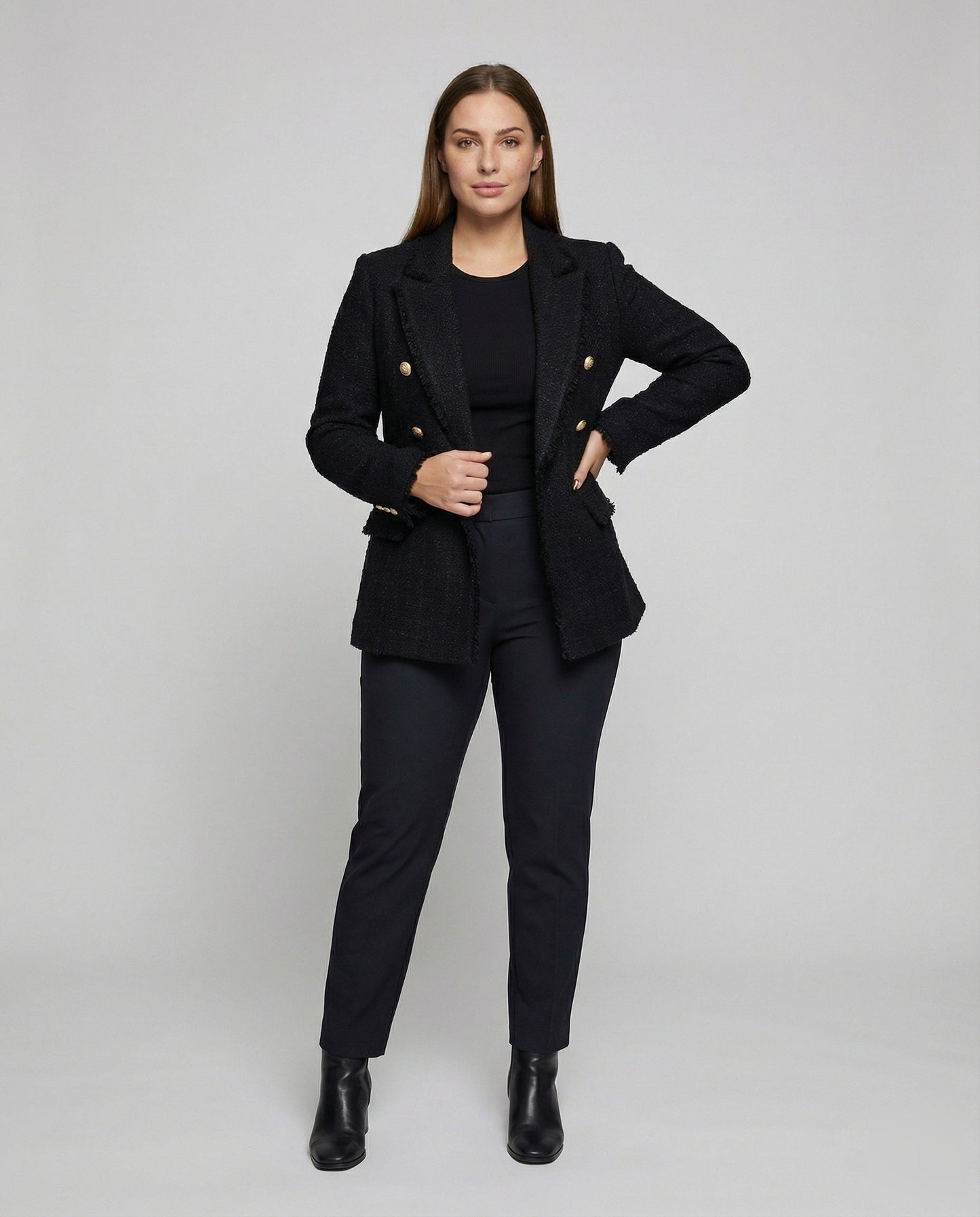 Damen Bouclé Blazer mit Metallknöpfen - Eveloria
