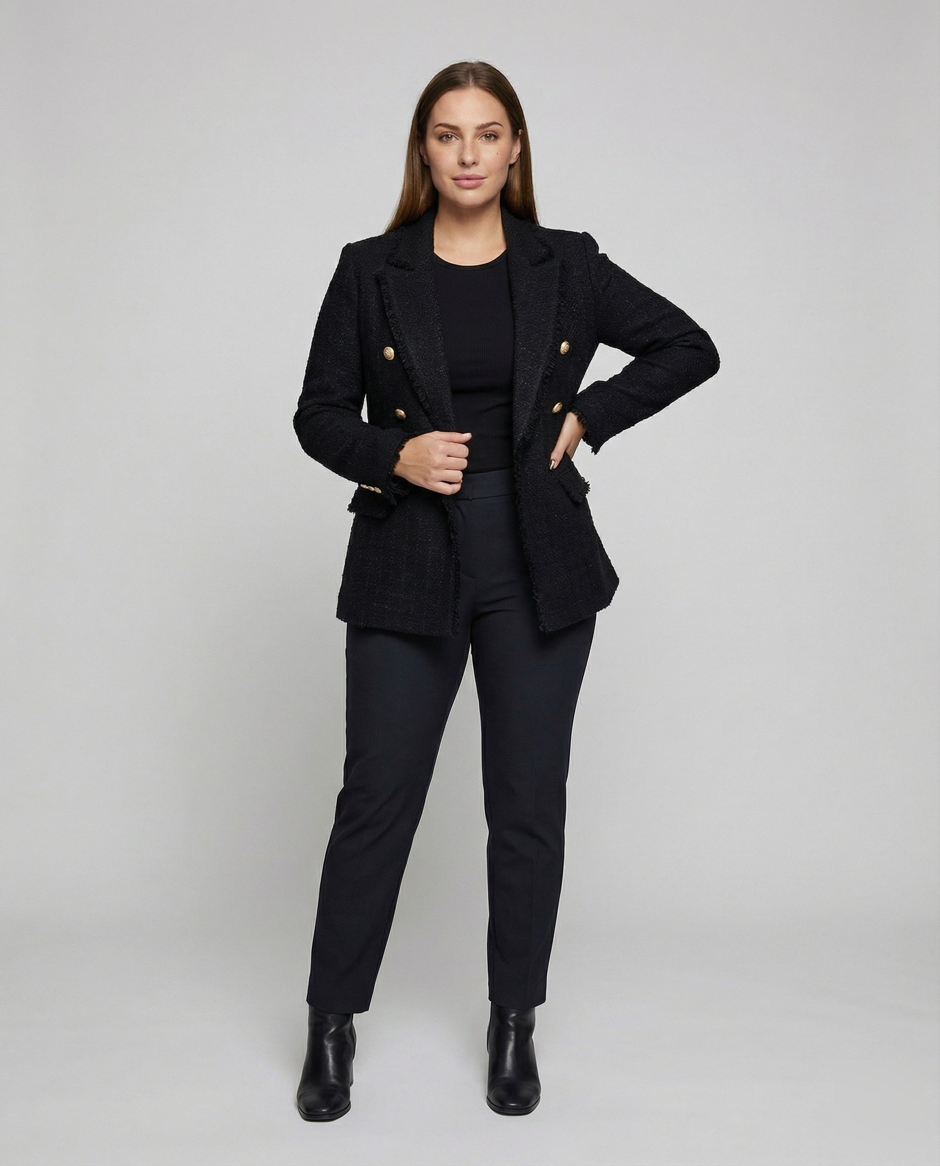 Damen Bouclé Blazer mit Metallknöpfen - Eveloria