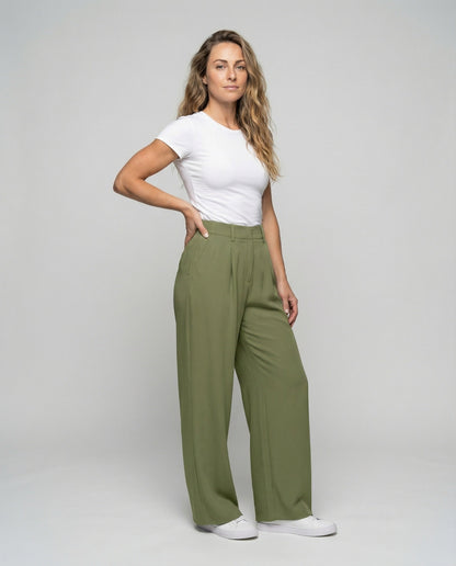 Damen Weite Stoffhose Vordere Falten Beige - Eveloria