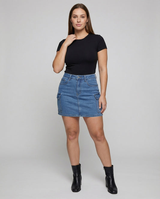 Damen Jeans Minirock Seitentasche - Eveloria