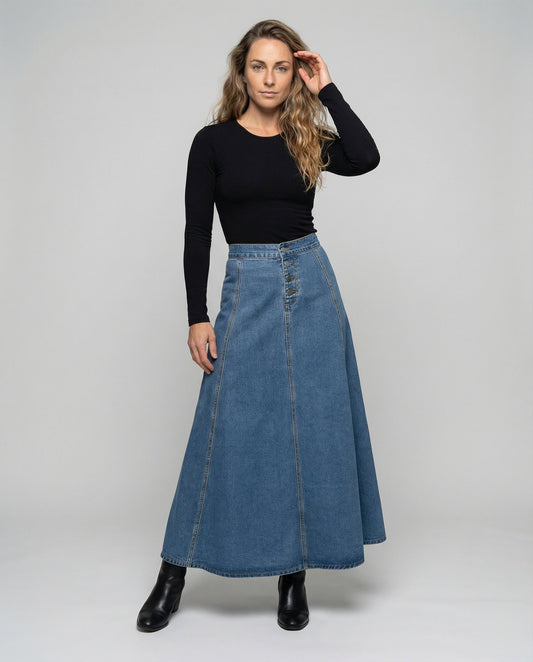 Damen Jeans Maxirock Dekorativ Knopfleiste - Eveloria