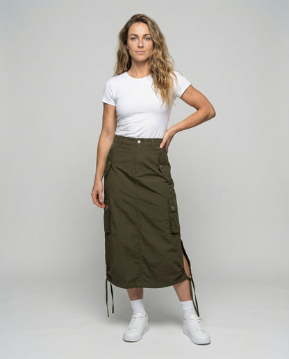 Damen Midirock Taillenhoher Cargo-Rock mit Klappentaschen - Eveloria