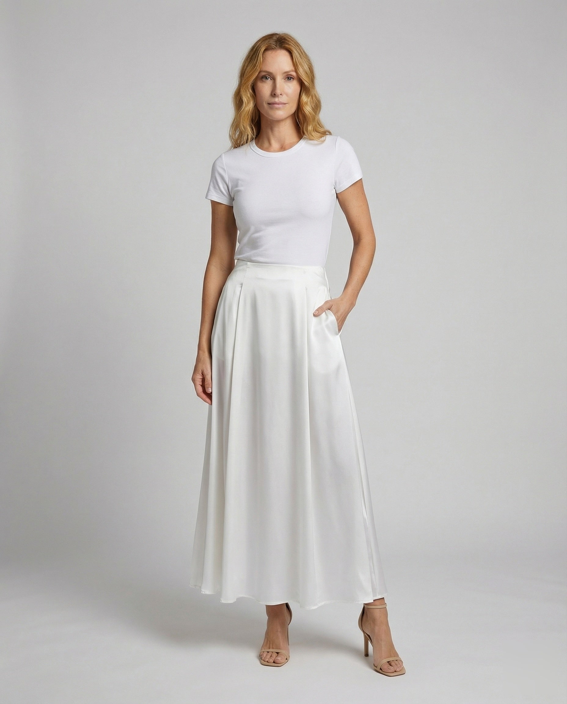 Damen Maxi-Kreisrock Satin-Look - Eveloria
