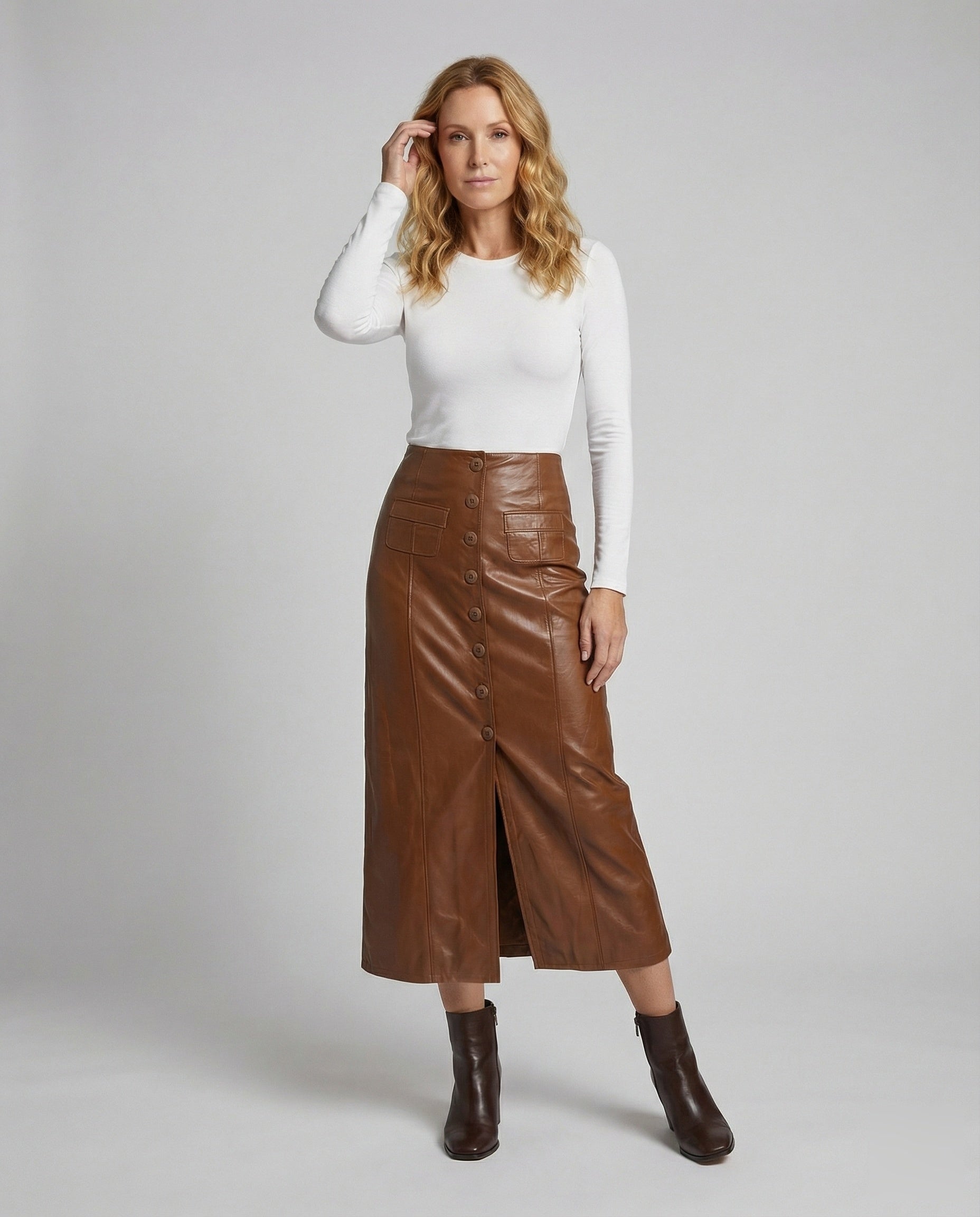 Damen Midirock Veganleder Knopfleiste Schwarz - Eveloria
