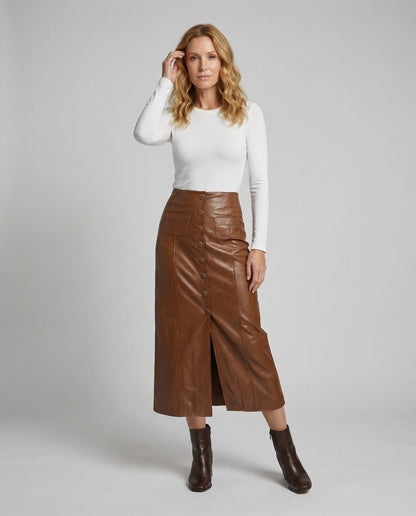 Damen Midirock Veganleder Knopfleiste Schwarz - Eveloria
